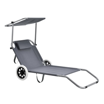 Sezlong cu parasolar si roti HTCB-1308, casa.pro, 146 x 52 x 15 cm, otel/poliester, gri inchis Sezlong cu parasolar si roti HTCB-1308, casa.pro, 146 x 52 x 15 cm, otel/poliester, gri inchis