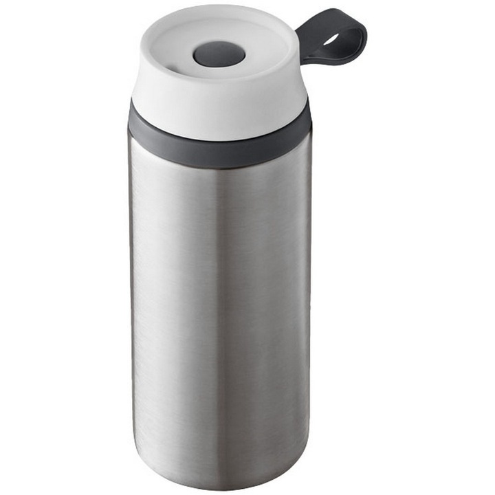 Cana de calatorie 350 ml, perete dublu, Everestus, FW, otel inoxidabil exterior, plastic interior, argintiu, saculet inclus