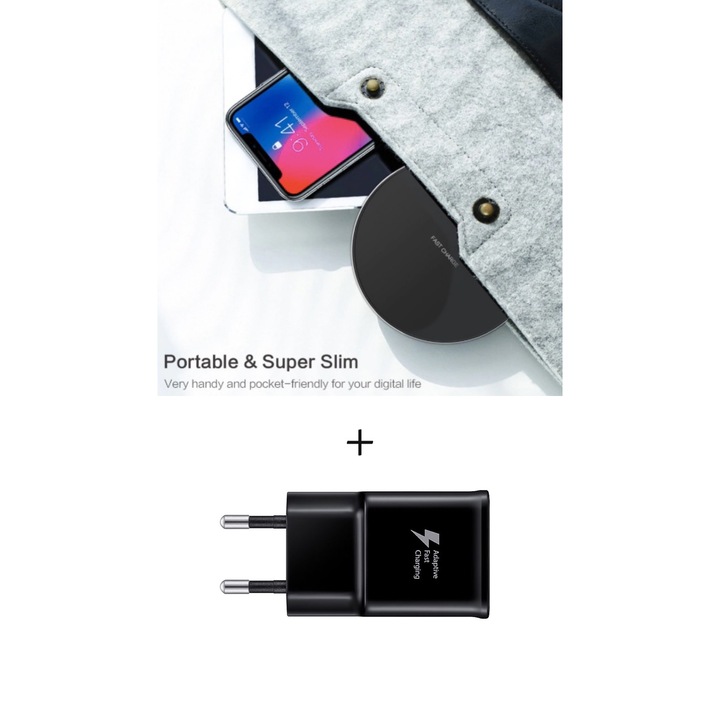 Incarcator wireless fast charge EFOX LX9, Aluminum Ultra Slim 10W, Black, +Incarcator FAST Chargers 9V/1,67A or 5V/2A