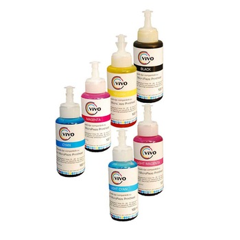 Set cerneala VIVO pentru imprimante Epson dye in 6 culori, 100ml/culoare, compatibila Epson L800, L805, L810, L850, L1800, 1500w, P50 Set cerneala VIVO pentru imprimante Epson dye in 6 culori, 100ml/culoare, compatibila Epson L800, L805, L810, L850, L1800, 1500w, P50