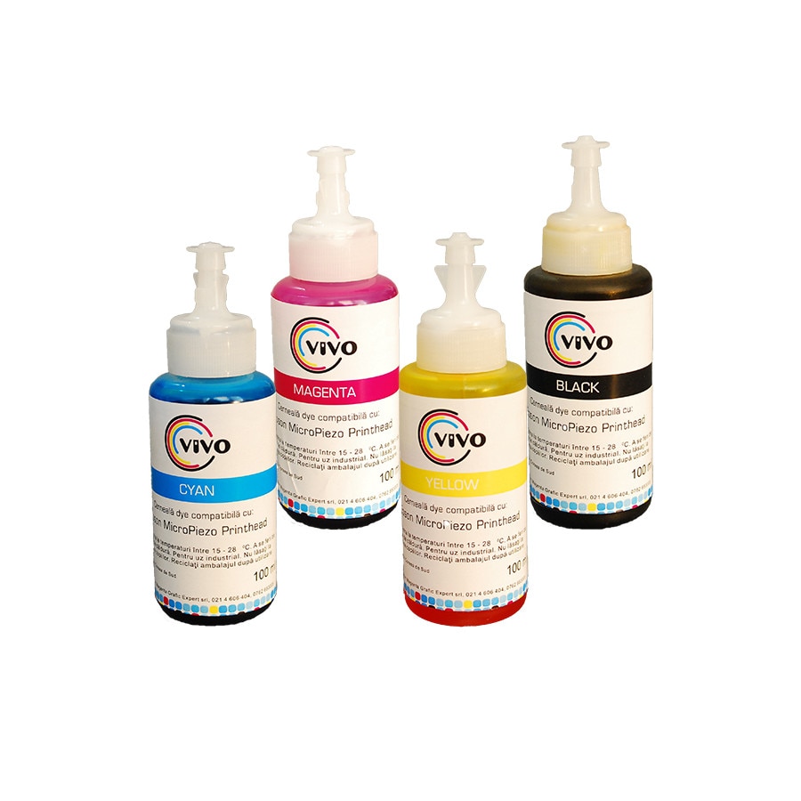 Set cerneala VIVO pentru imprimante Epson dye in 4 culori, 100ml/culoare, compatibila Epson L sau Epson EcoTank
