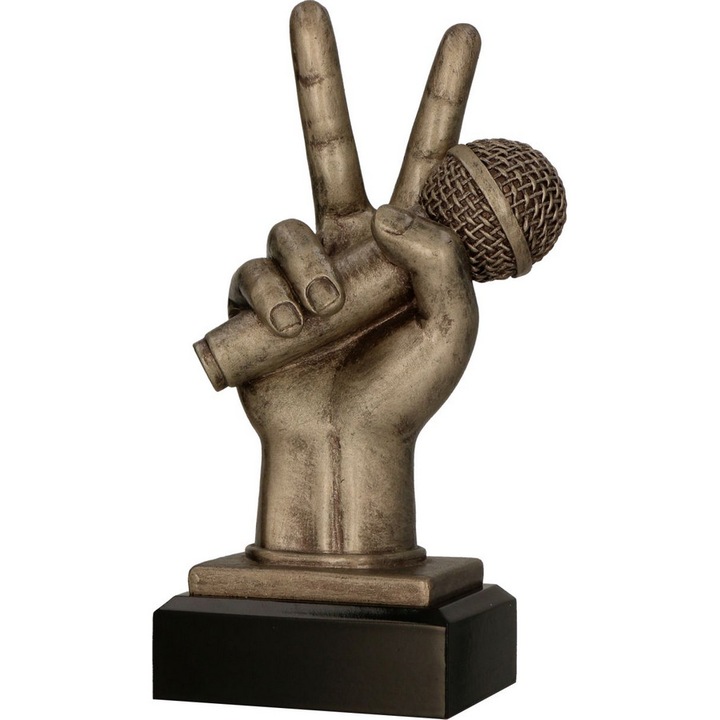 Trofeu Muzical Microfon The Voice din Rasina, 20 cm, pe soclu din lemn negru