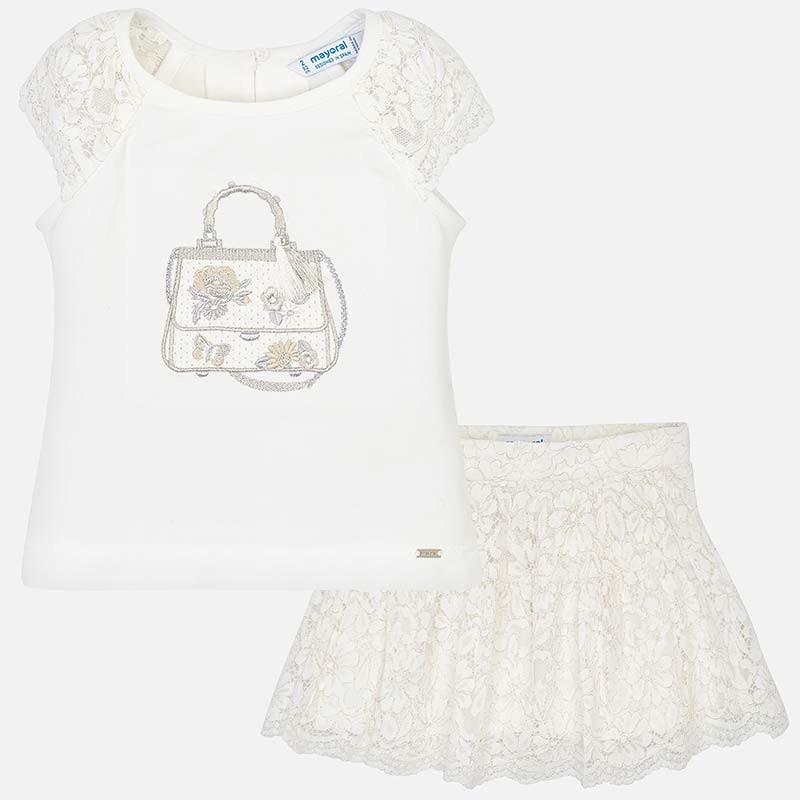 Set tricou si fusta dantela fetita, Mayoral, 3958PV19NA, natur, 5 ani