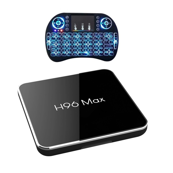 Mini PC TV Box H96 MAX X2, 4K, Quad-Core, 4GB RAM, 64GB, WiFi dual band 2.4/5 GHz, Bluetooth, USB 3, HDMI, Android 8.1, Светеща безжична клавиатура 7 цвята, КОНФИГУРИРАН с приложения за телевизия, филми , Безплатна консултация