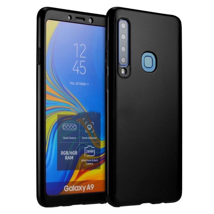 Калъф за телефон Full Cover 360°, За Samsung Galaxy A9 (2018), Включва предна част, гръб и фолио, Черен
