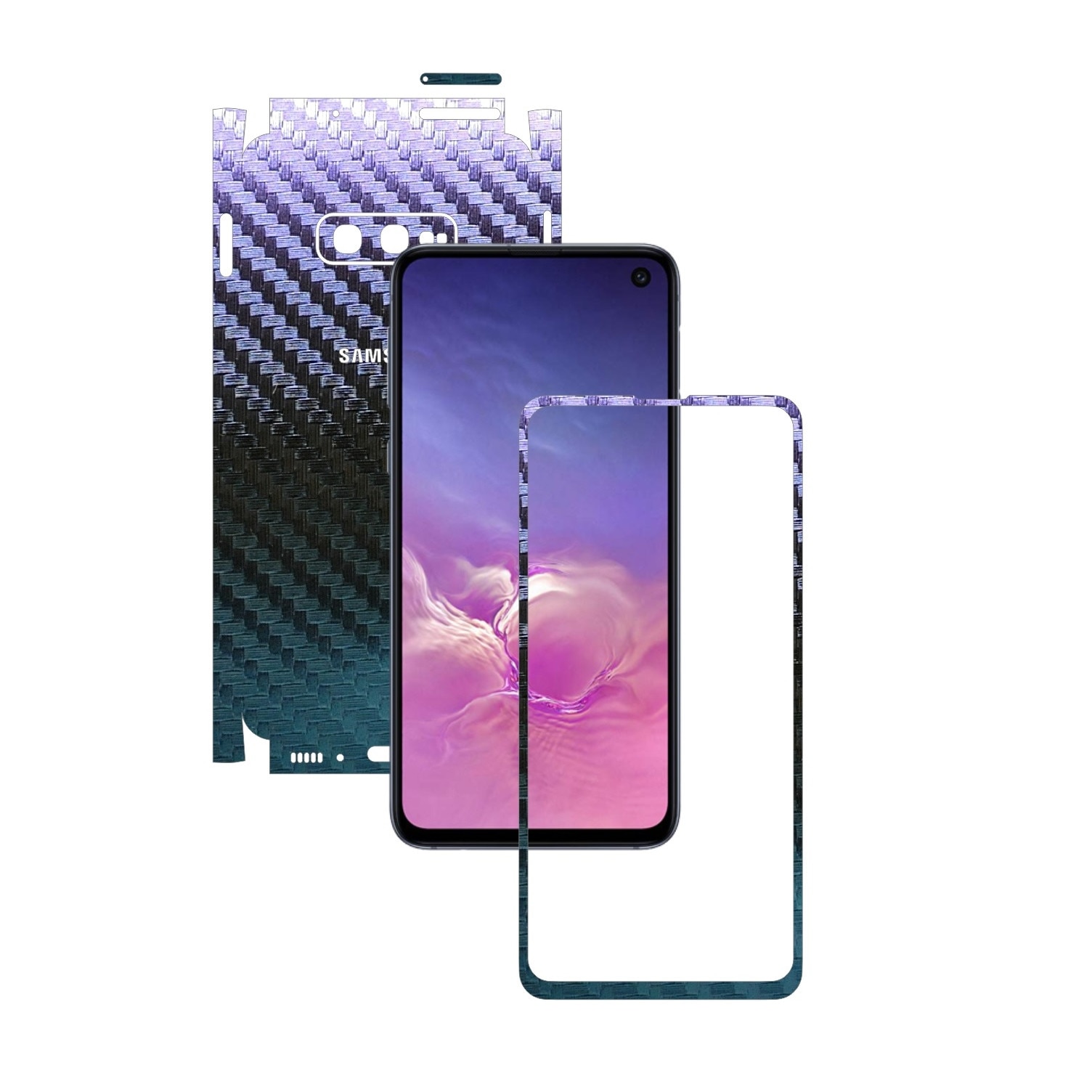 Folie Protectie Carbon Skinz pentru Samsung Galaxy S10e - Carbon Cameleon 360 Cut, Skin Adeziv Full Body Cover pentru Rama Ecran, Carcasa Spate si Laterale
