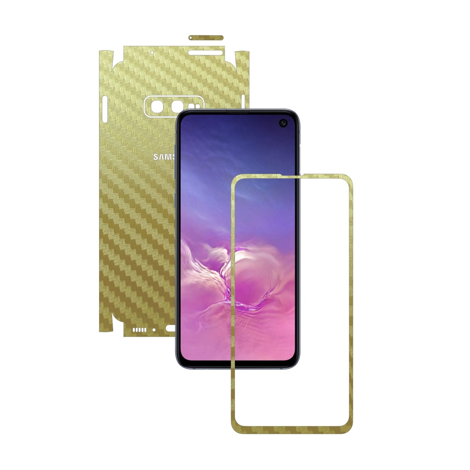 Folie Protectie Carbon Skinz pentru Samsung Galaxy S10e - Carbon Auriu 360 Cut, Skin Adeziv Full Body Cover pentru Rama Ecran, Carcasa Spate si Laterale