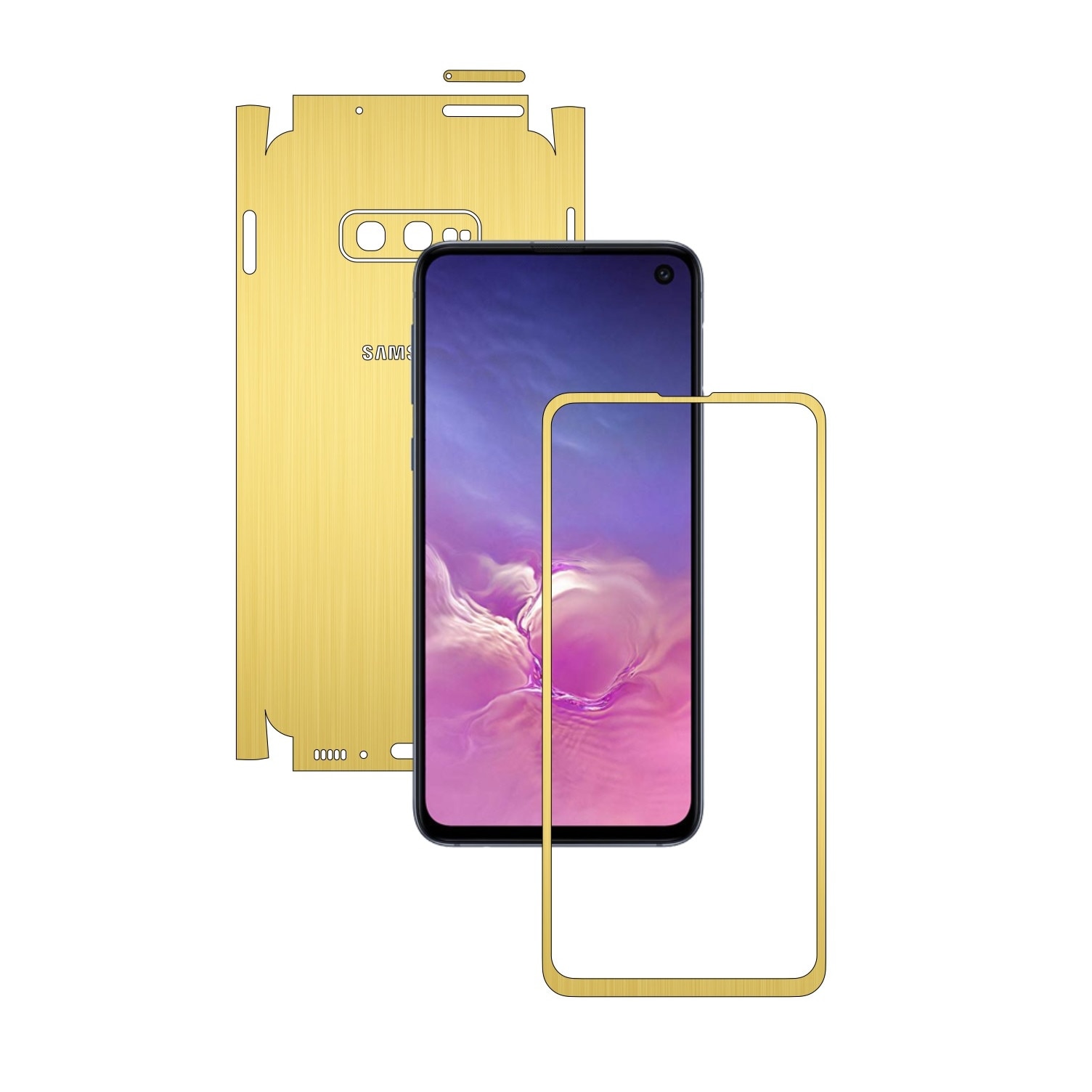 Folie Protectie Carbon Skinz pentru Samsung Galaxy S10e - Brushed Auriu 360 Cut, Skin Adeziv Full Body Cover pentru Rama Ecran, Carcasa Spate si Laterale