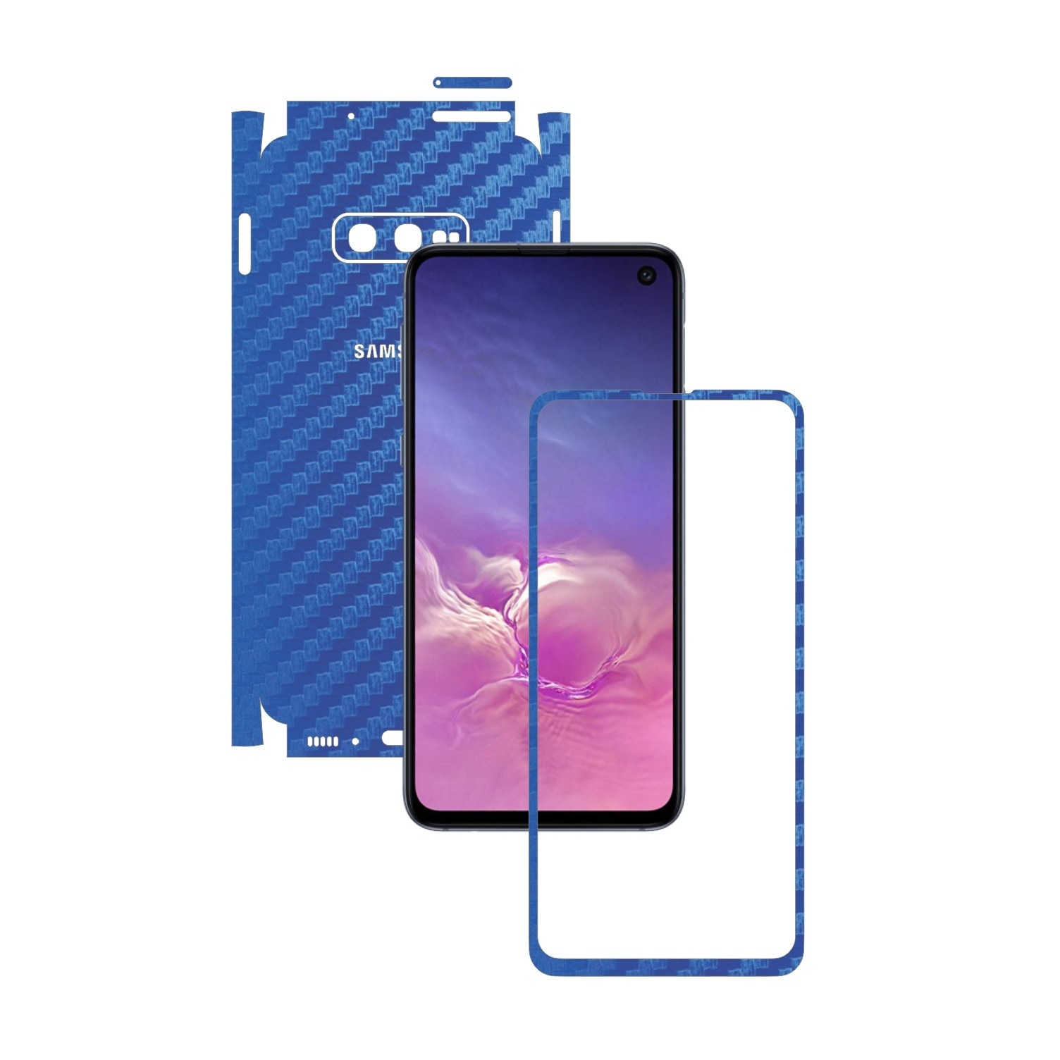 Folie Protectie Carbon Skinz pentru Samsung Galaxy S10e - Carbon Albastru 360 Cut, Skin Adeziv Full Body Cover pentru Rama Ecran, Carcasa Spate si Laterale