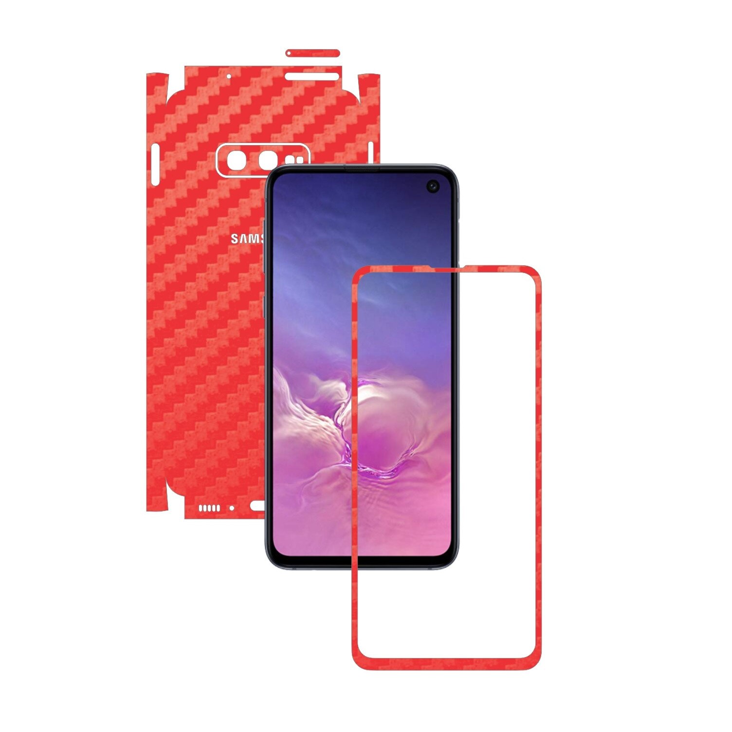 Folie Protectie Carbon Skinz pentru Samsung Galaxy S10e - Carbon Rosu 360 Cut, Skin Adeziv Full Body Cover pentru Rama Ecran, Carcasa Spate si Laterale