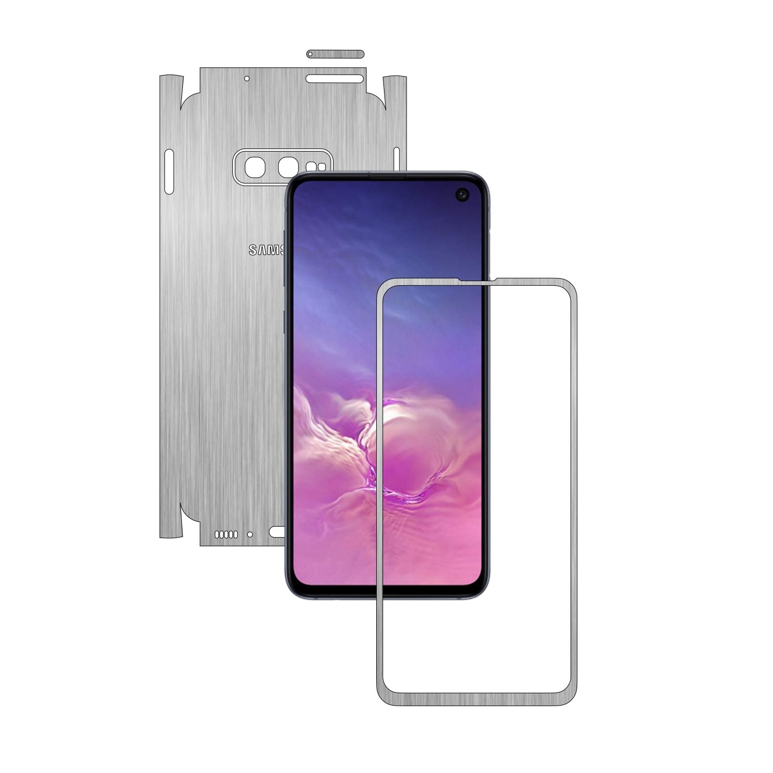 Folie Protectie Carbon Skinz pentru Samsung Galaxy S10e - Brushed Argintiu 360 Cut, Skin Adeziv Full Body Cover pentru Rama Ecran, Carcasa Spate si Laterale