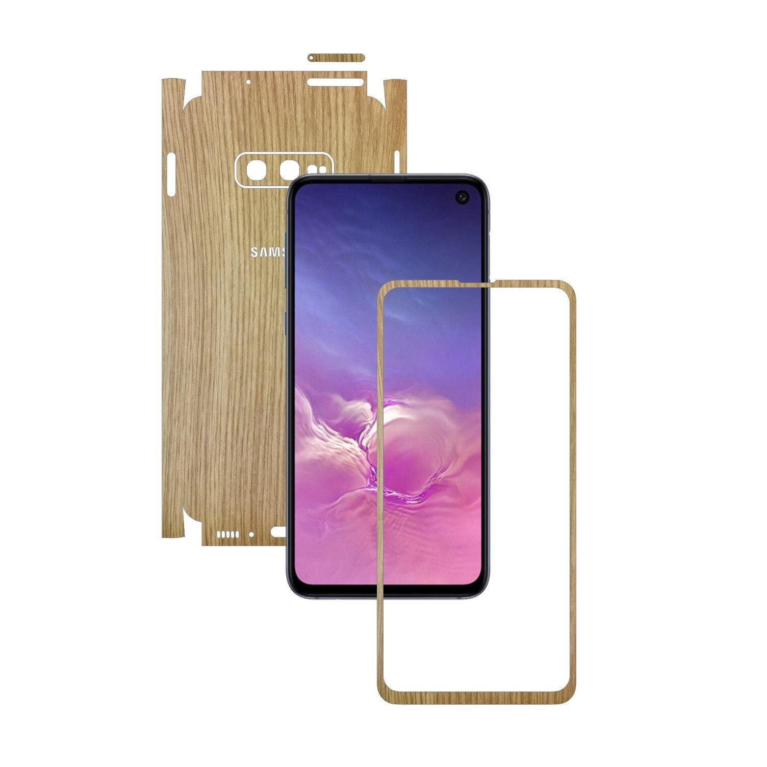 Folie Protectie Carbon Skinz pentru Samsung Galaxy S10e - Lemn Stejar 360 Cut, Skin Adeziv Full Body Cover pentru Rama Ecran, Carcasa Spate si Laterale