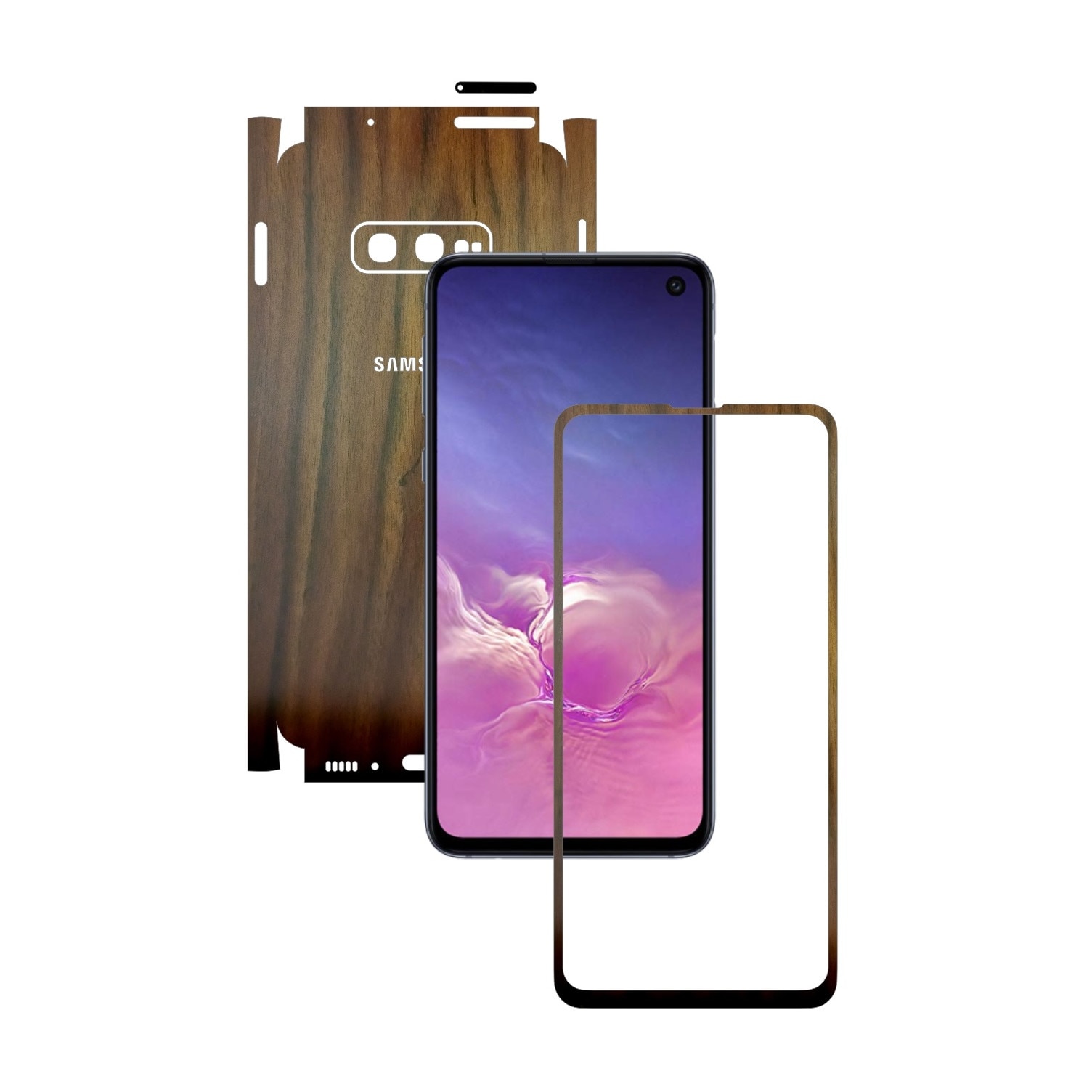 Folie Protectie Carbon Skinz pentru Samsung Galaxy S10e - Lemn Nuc 360 Cut, Skin Adeziv Full Body Cover pentru Rama Ecran, Carcasa Spate si Laterale