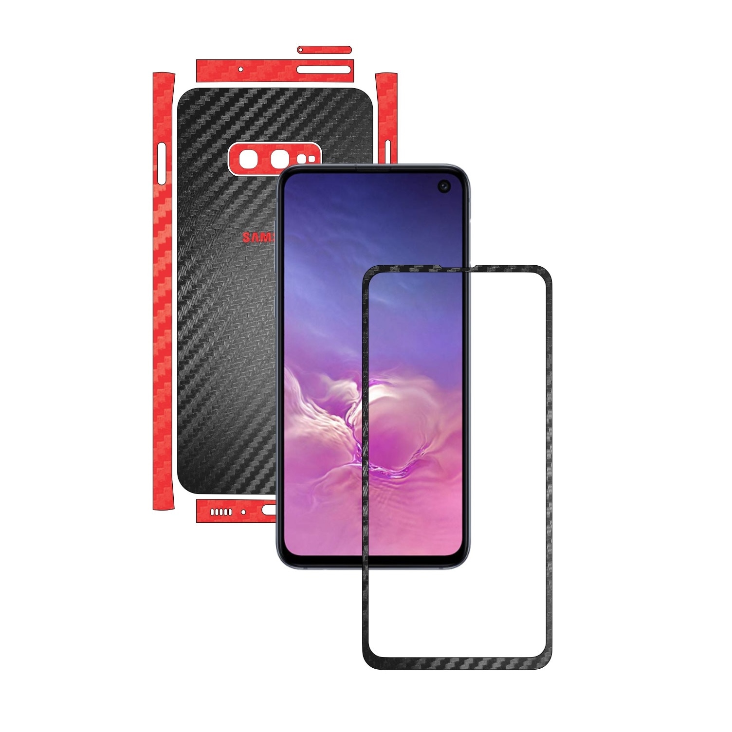 Folie Protectie Carbon Skinz pentru Samsung Galaxy S10e - Carbon Two Tone Negru / Rosu, Skin Adeziv Full Body Cover pentru Rama Ecran, Carcasa Spate si Laterale