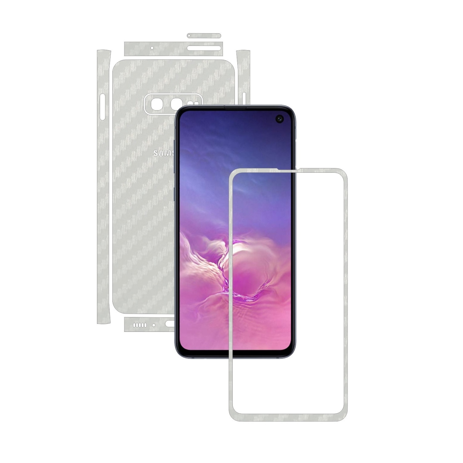 Folie Protectie Carbon Skinz pentru Samsung Galaxy S10e - Carbon Alb Split Cut, Skin Adeziv Full Body Cover pentru Rama Ecran, Carcasa Spate si Laterale