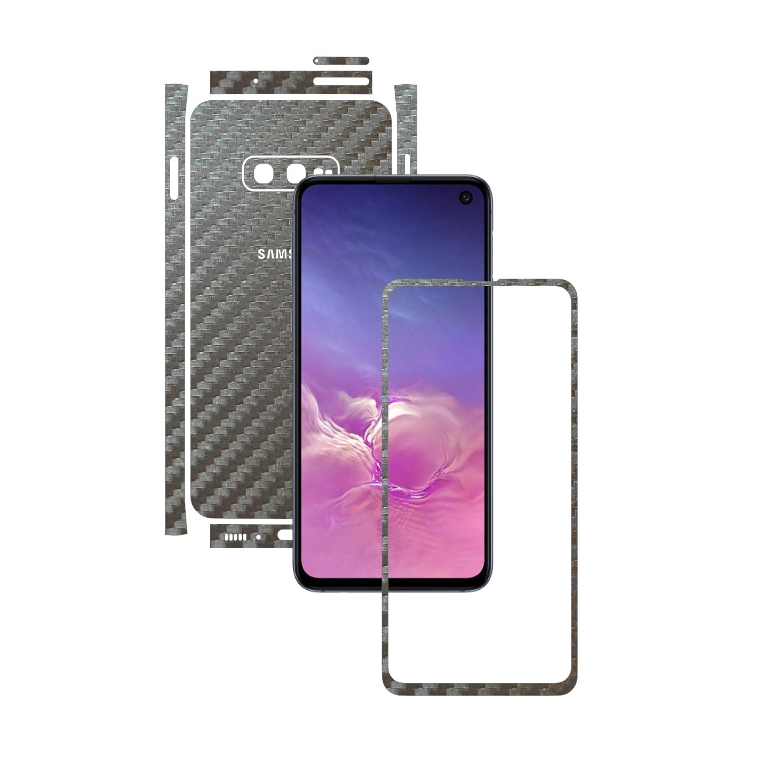 Folie Protectie Carbon Skinz pentru Samsung Galaxy S10e - Carbon Gri Argintiu Split Cut, Skin Adeziv Full Body Cover pentru Rama Ecran, Carcasa Spate si Laterale