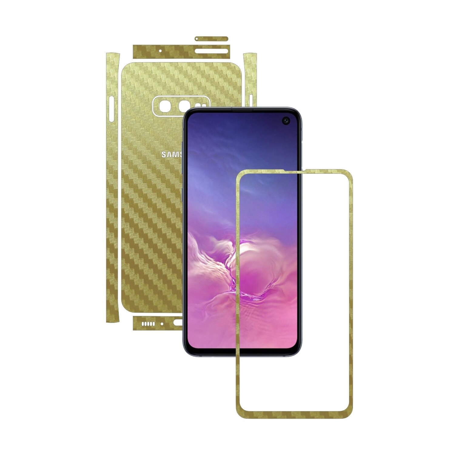Folie Protectie Carbon Skinz pentru Samsung Galaxy S10e - Carbon Auriu Split Cut, Skin Adeziv Full Body Cover pentru Rama Ecran, Carcasa Spate si Laterale