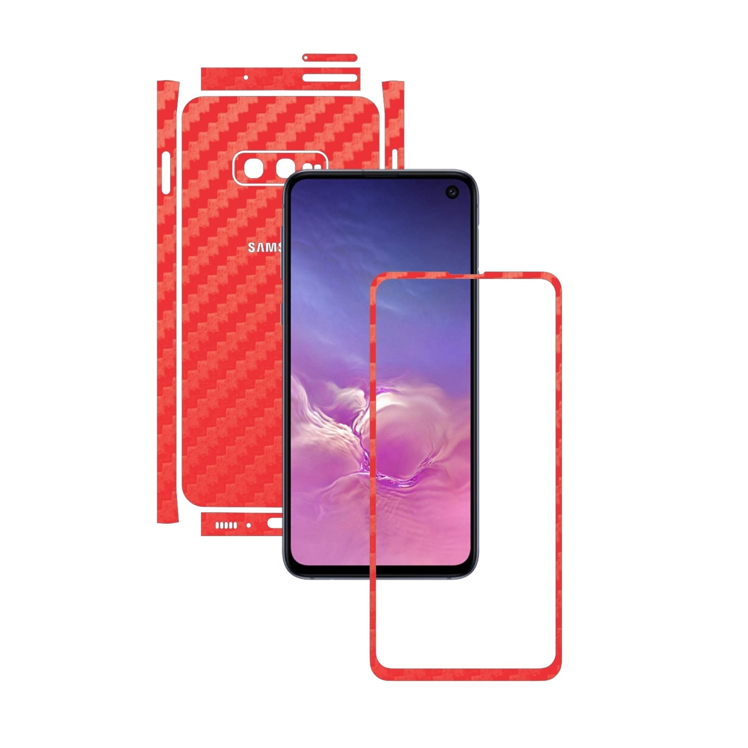 Folie Protectie Carbon Skinz pentru Samsung Galaxy S10e - Carbon Rosu Split Cut, Skin Adeziv Full Body Cover pentru Rama Ecran, Carcasa Spate si Laterale