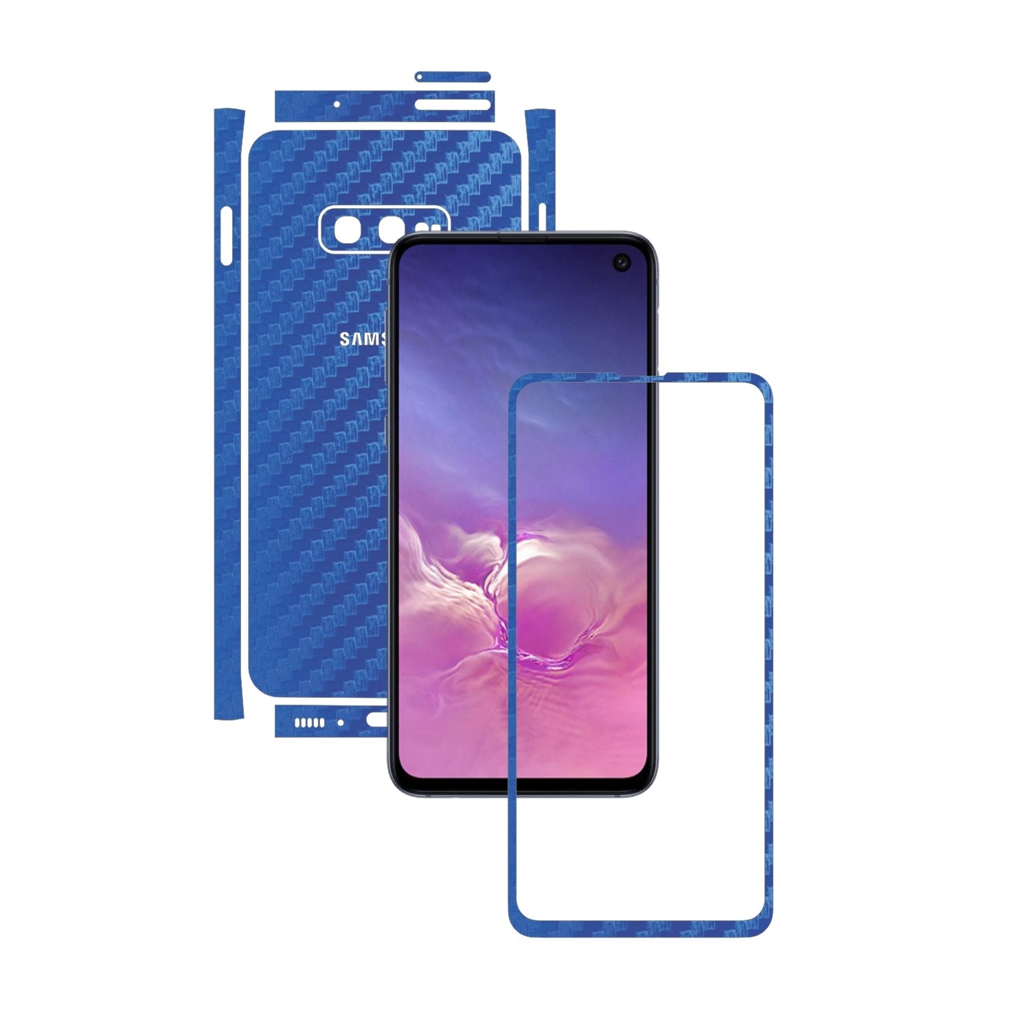Folie Protectie Carbon Skinz pentru Samsung Galaxy S10e - Carbon Albastru Split Cut, Skin Adeziv Full Body Cover pentru Rama Ecran, Carcasa Spate si Laterale