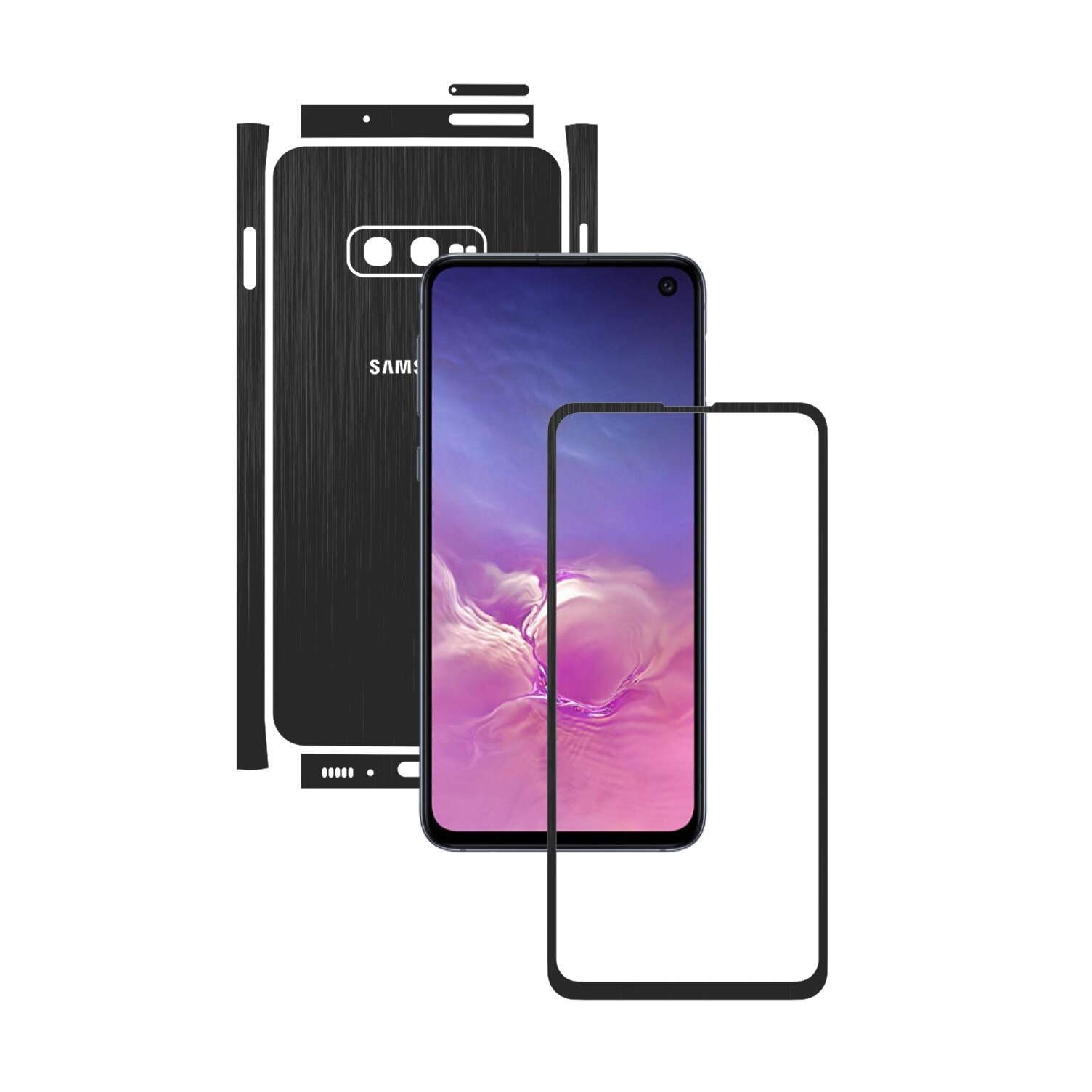Folie Protectie Carbon Skinz pentru Samsung Galaxy S10e - Brushed Negru Split Cut, Skin Adeziv Full Body Cover pentru Rama Ecran, Carcasa Spate si Laterale