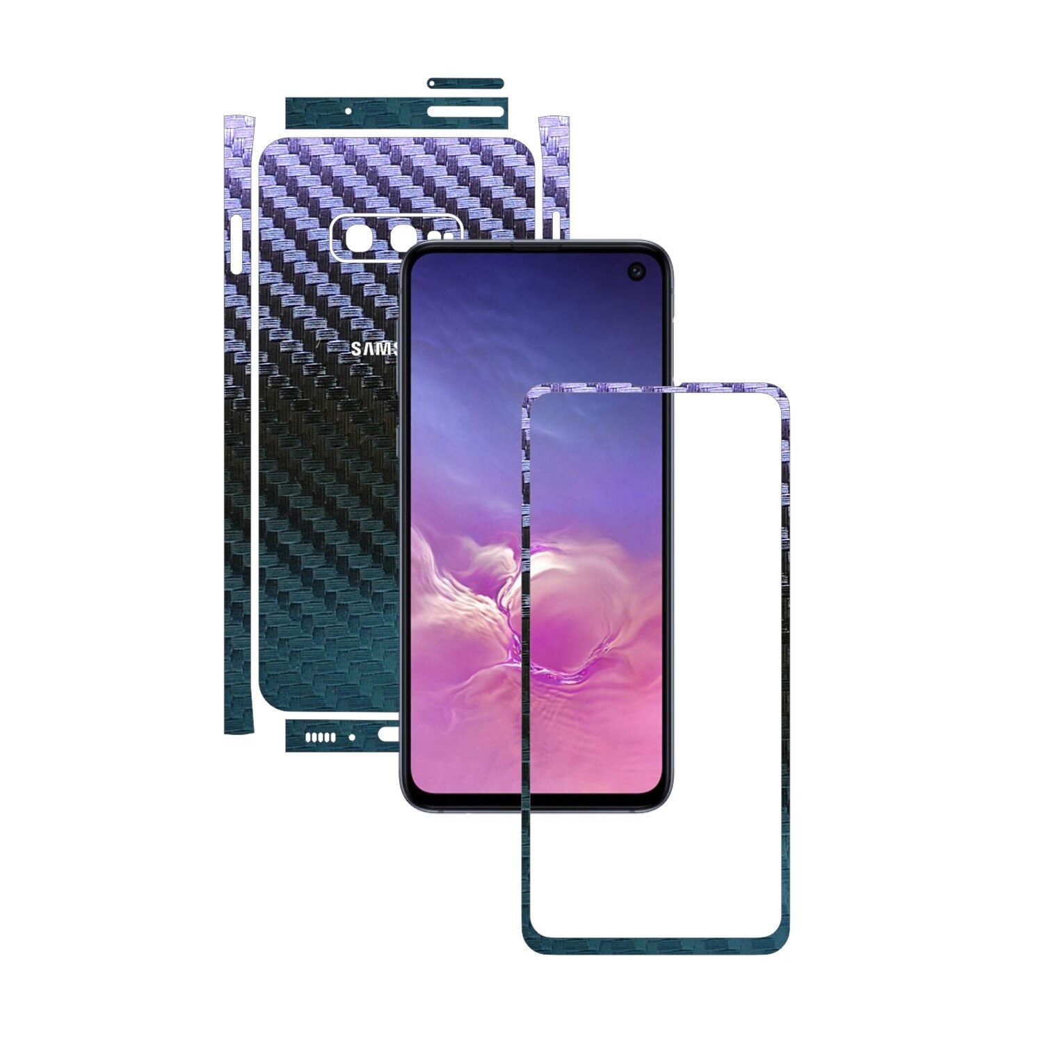 Folie Protectie Carbon Skinz pentru Samsung Galaxy S10e - Carbon Cameleon Split Cut, Skin Adeziv Full Body Cover pentru Rama Ecran, Carcasa Spate si Laterale