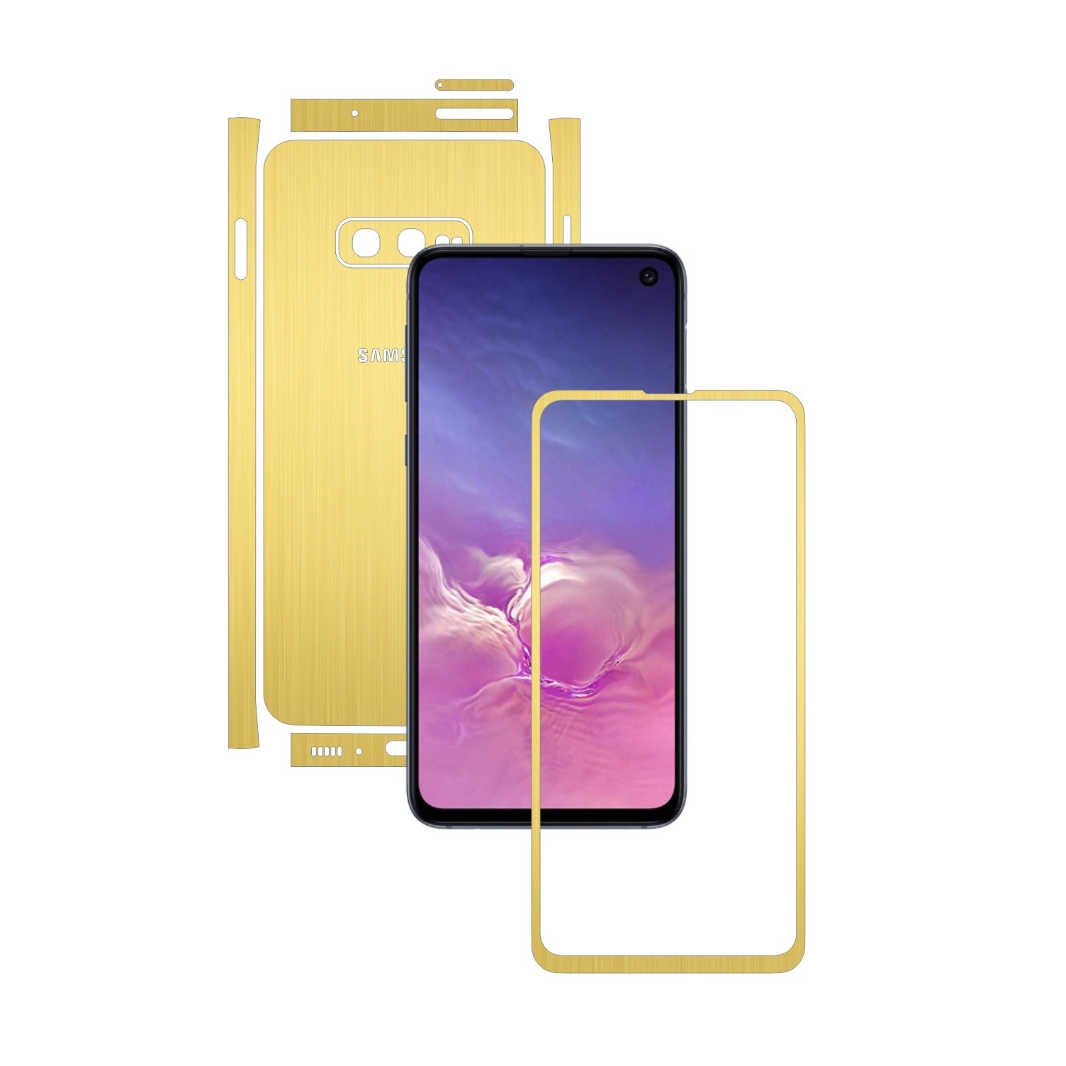 Folie Protectie Carbon Skinz pentru Samsung Galaxy S10e - Brushed Auriu Split Cut, Skin Adeziv Full Body Cover pentru Rama Ecran, Carcasa Spate si Laterale