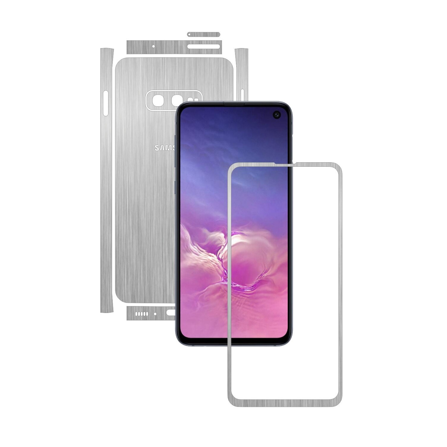 Folie Protectie Carbon Skinz pentru Samsung Galaxy S10e - Brushed Argintiu Split Cut, Skin Adeziv Full Body Cover pentru Rama Ecran, Carcasa Spate si Laterale