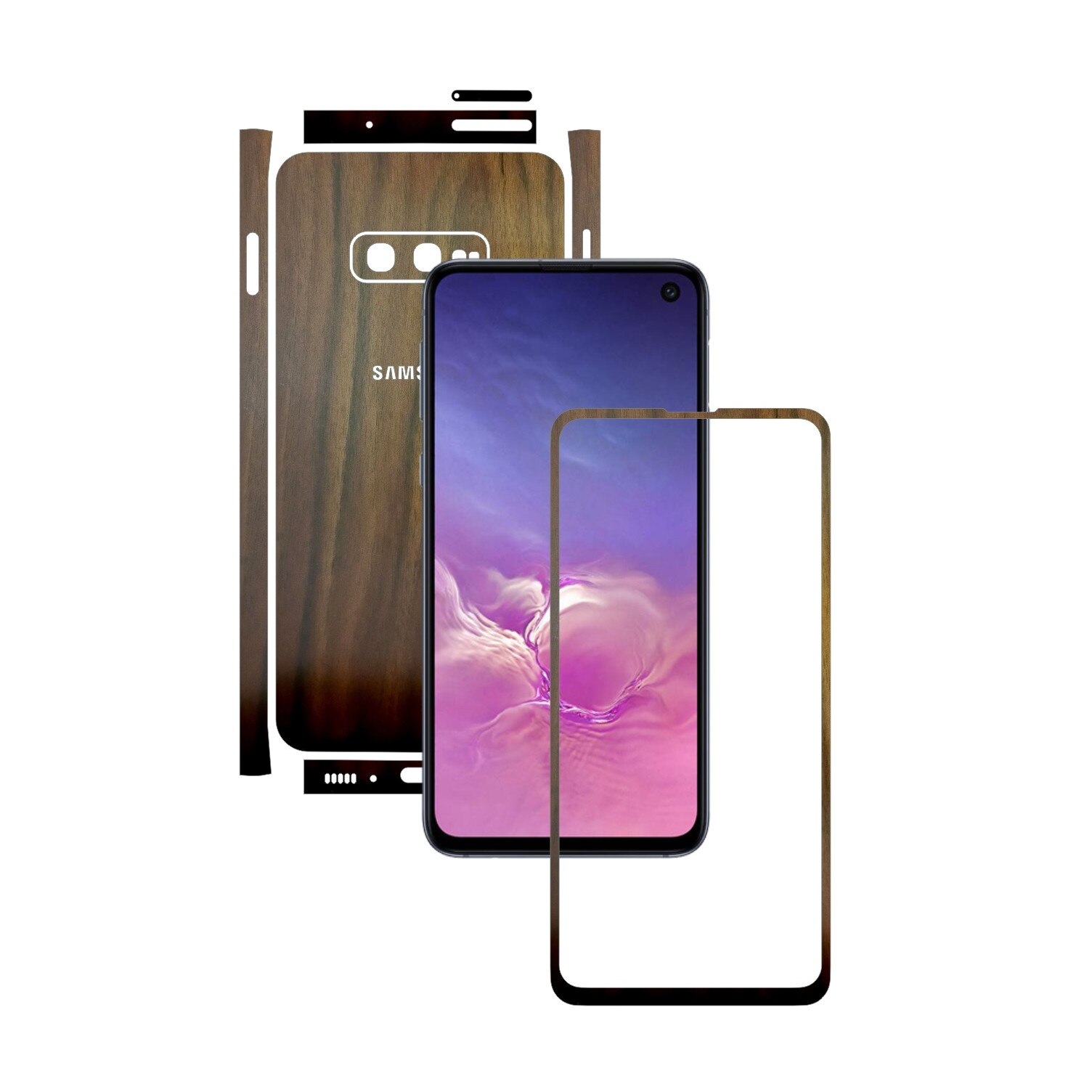 Folie Protectie Carbon Skinz pentru Samsung Galaxy S10e - Lemn Nuc Split Cut, Skin Adeziv Full Body Cover pentru Rama Ecran, Carcasa Spate si Laterale