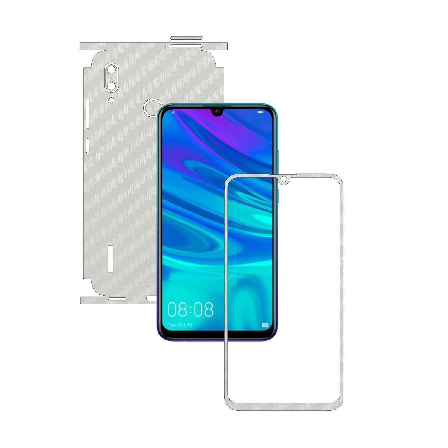 Folie Protectie Carbon Skinz pentru Huawei P Smart 2019 - Carbon Alb 360 Cut, Skin Adeziv Full Body Cover pentru Rama Ecran, Carcasa Spate si Laterale
