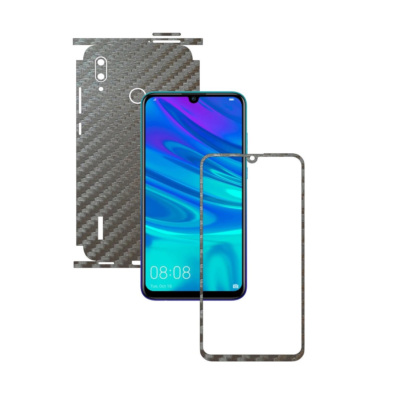 Folie Protectie Carbon Skinz pentru Huawei P Smart 2019 - Carbon Gri Argintiu 360 Cut, Skin Adeziv Full Body Cover pentru Rama Ecran, Carcasa Spate si Laterale