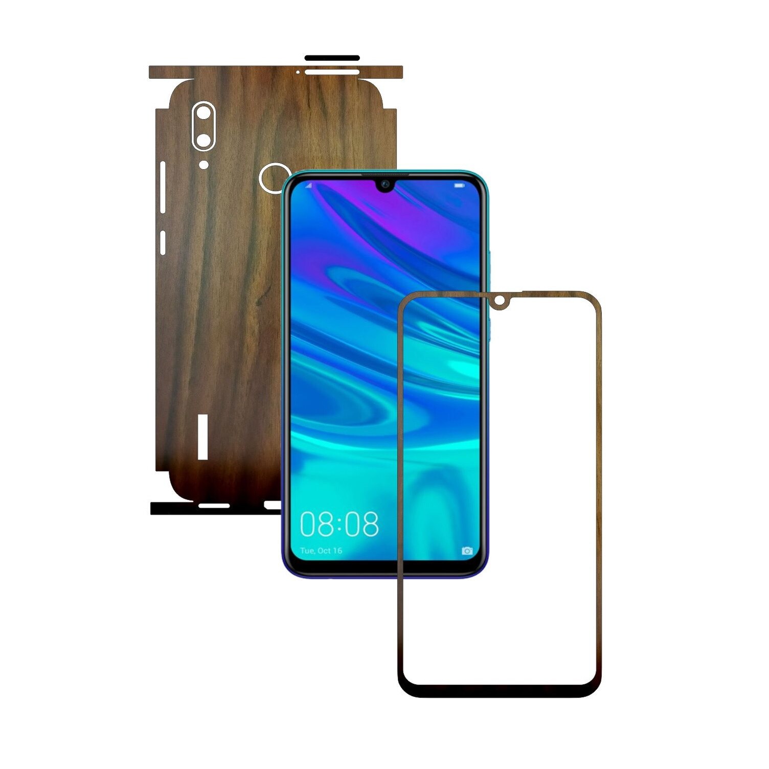 Folie Protectie Carbon Skinz pentru Huawei P Smart 2019 - Lemn Nuc 360 Cut, Skin Adeziv Full Body Cover pentru Rama Ecran, Carcasa Spate si Laterale