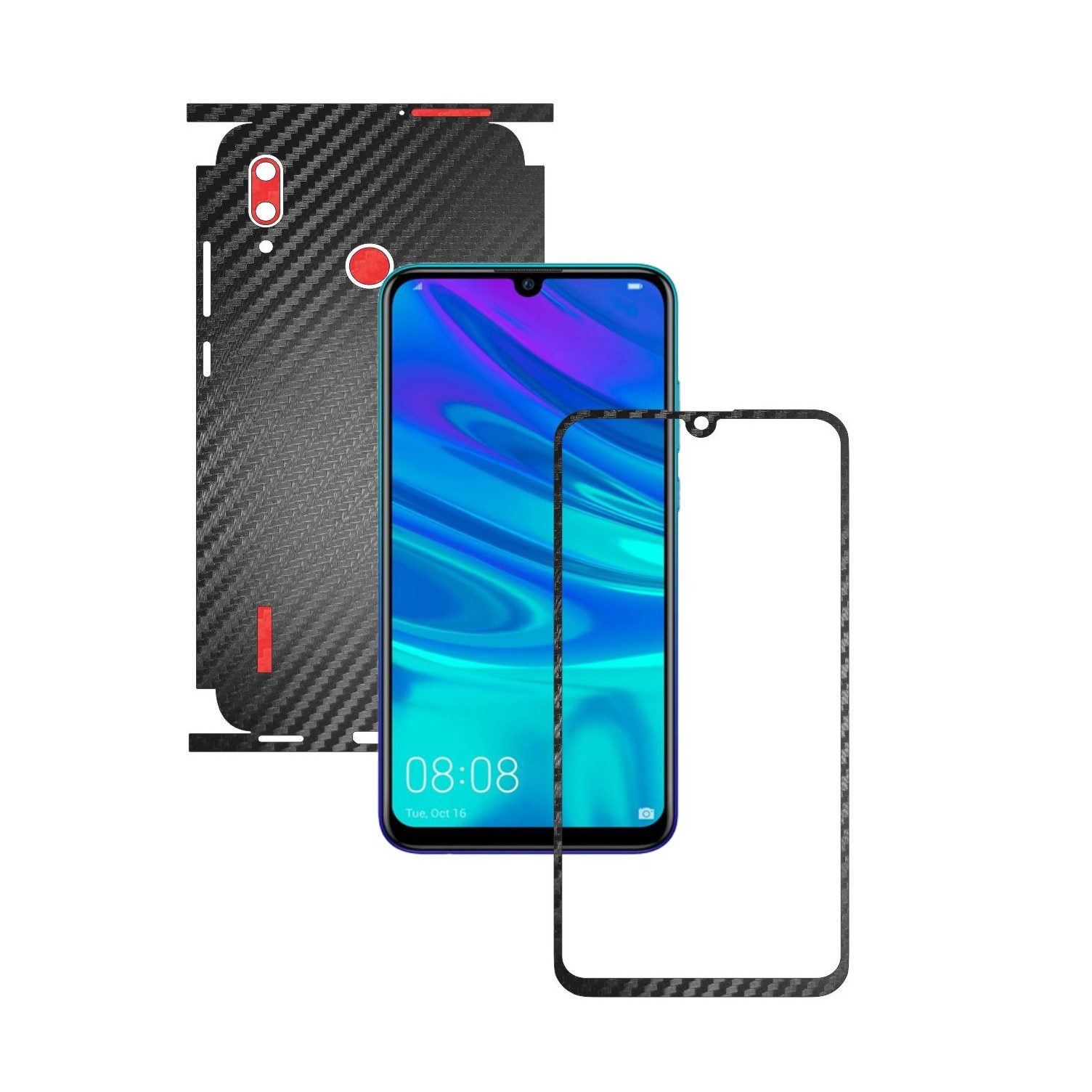 Folie Protectie Carbon Skinz pentru Huawei P Smart 2019 - Carbon Two Tone Negru / Rosu, Skin Adeziv Full Body Cover pentru Rama Ecran, Carcasa Spate si Laterale