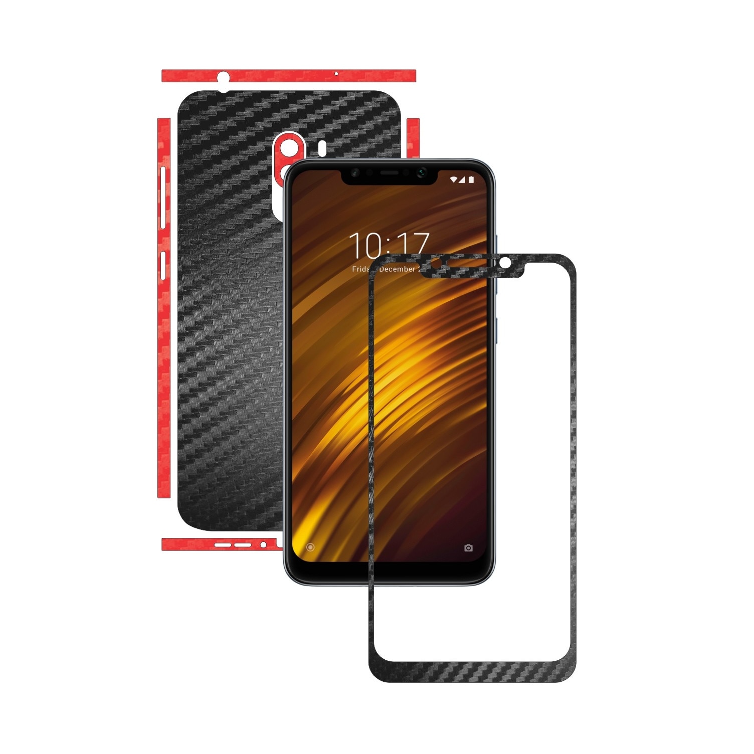 Folie Protectie Carbon Skinz pentru Xiaomi Pocophone F1 - Carbon Two Tone Negru / Rosu, Skin Adeziv Full Body Cover pentru Rama Ecran, Carcasa Spate si Laterale
