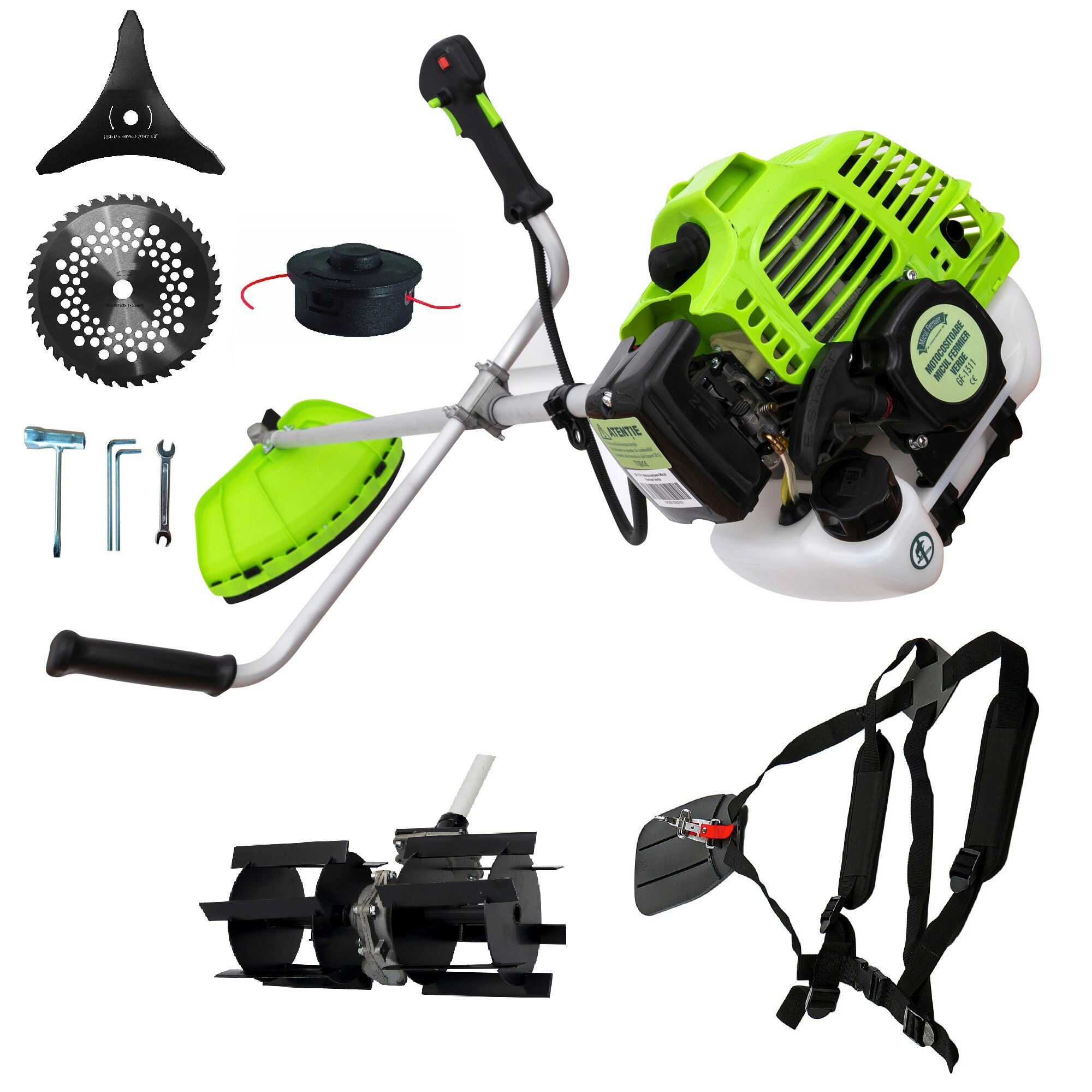 Set Motocoasa Micul Fermier G1311, 3.4CP + Cap prasitoare (28) +3 Sisteme Taiere, Motocositoare de umar pe benzina