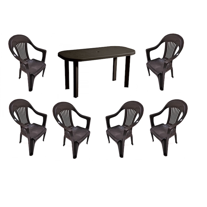 OEM étkezőgarnitúra, asztal 6 székkel, kertbe, műanyagból, sötétbarna