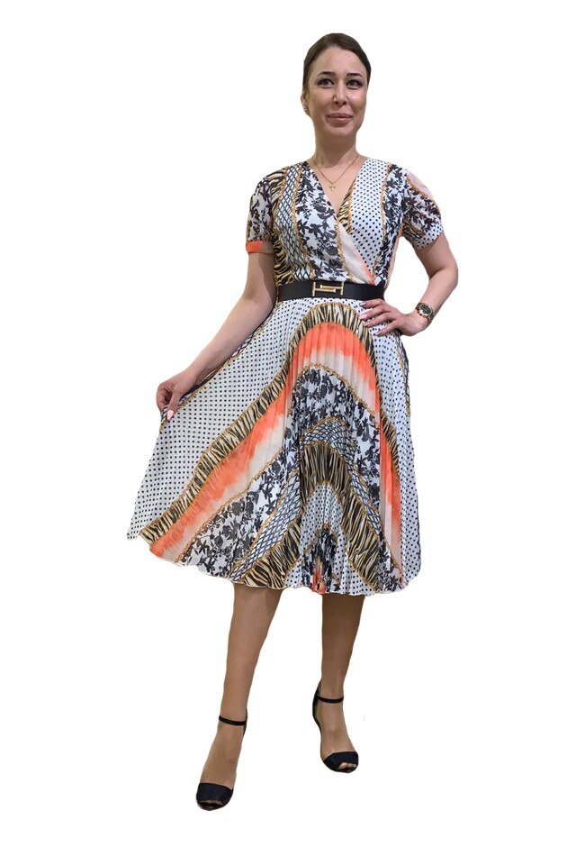 Rochie dama, casual, cu model abstract, curea in talie, D&J Exclusive, Multicolor