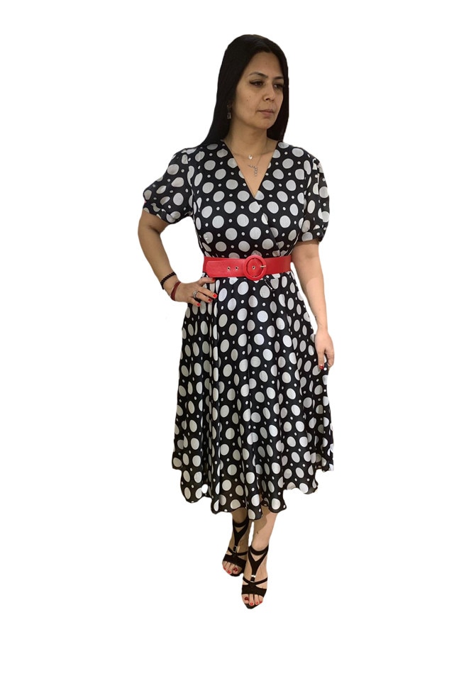 Rochie dama, croi tip clos, cu buline albe, D&J Exclusive, Alb-Negru