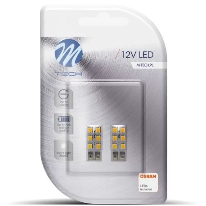 Комплект от 2 автомобилни крушки M-Tech, LED, SMD 3528, T10, 12 V, Бели