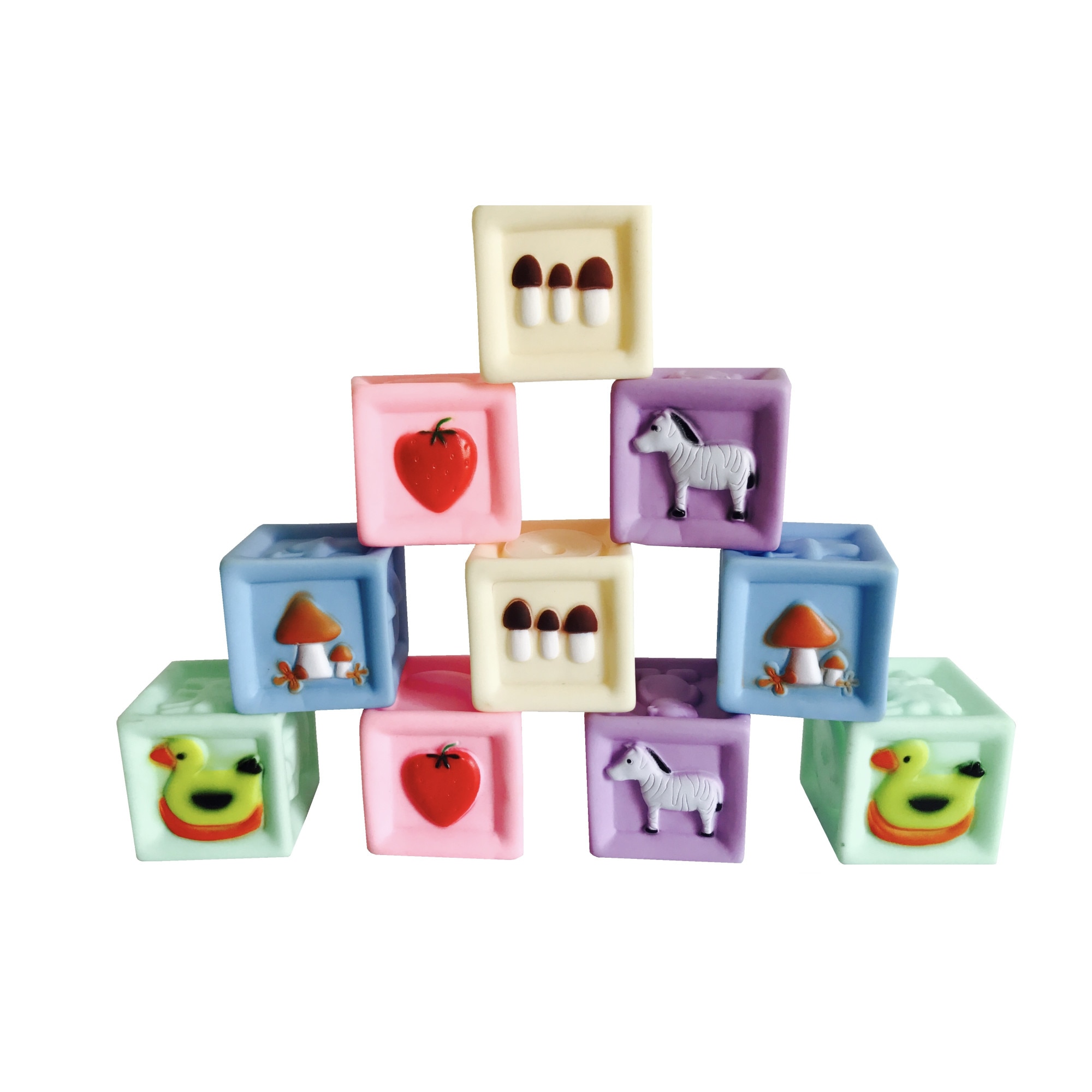 Set 10 cuburi moi cu desene animale, fructe, legume, in gentuta cu fermoar