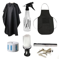 Set ustensile si accesorii frizerie coafor cu pamatuf, pelerina, piepten, sort, guler, clipsuri SKYS