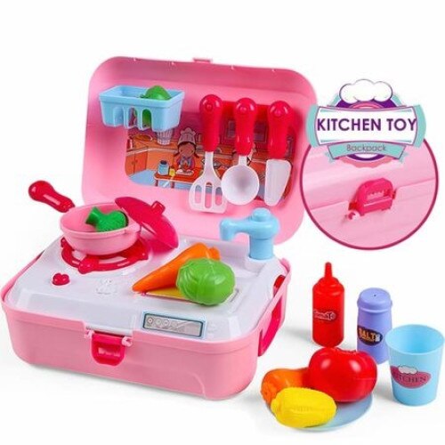 Set de joaca, Kitchen Toy pentru fetite, Bucatarie portabila cu 24 piese, Ghiozdan Roz