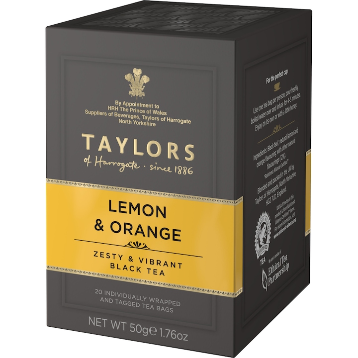 Черен чай Taylors of Harrogate, С лимон и портокал, 20 индивидуално опаковани пакетчета, 50 гр