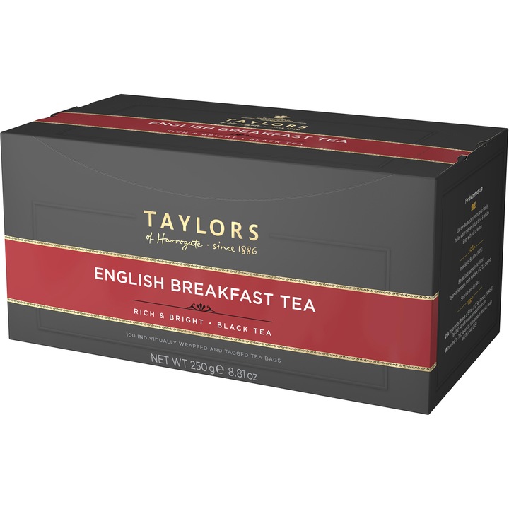 Ceai Negru English Breakfast, Taylors of Harrogate, 100 pliculete ambalate individual, 250 gr.