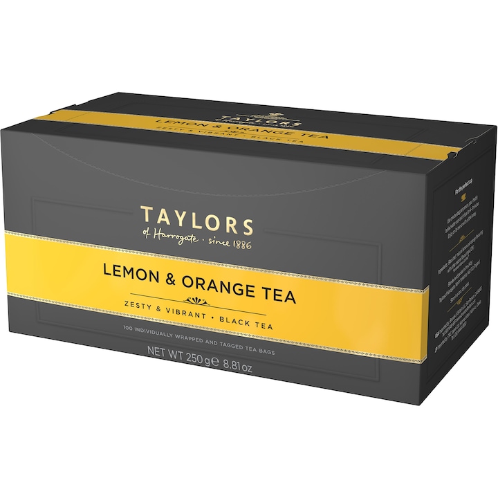 Черен чай Taylors of Harrogate, С лимон и портокал, 100 индивидуално опаковани пакетчета, 250 гр.