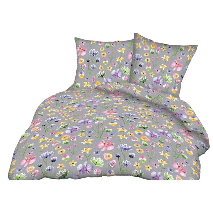 Set Lenjerie de pat din scoarta FAN Bumbac Satinat 160x200 cm model flori pe un fundal gri