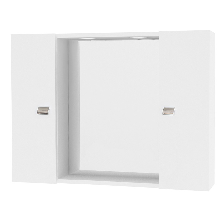 Огледало Kring, Две бели шкафчета, Осветление, 77x57x16 см, Енергиен клас E