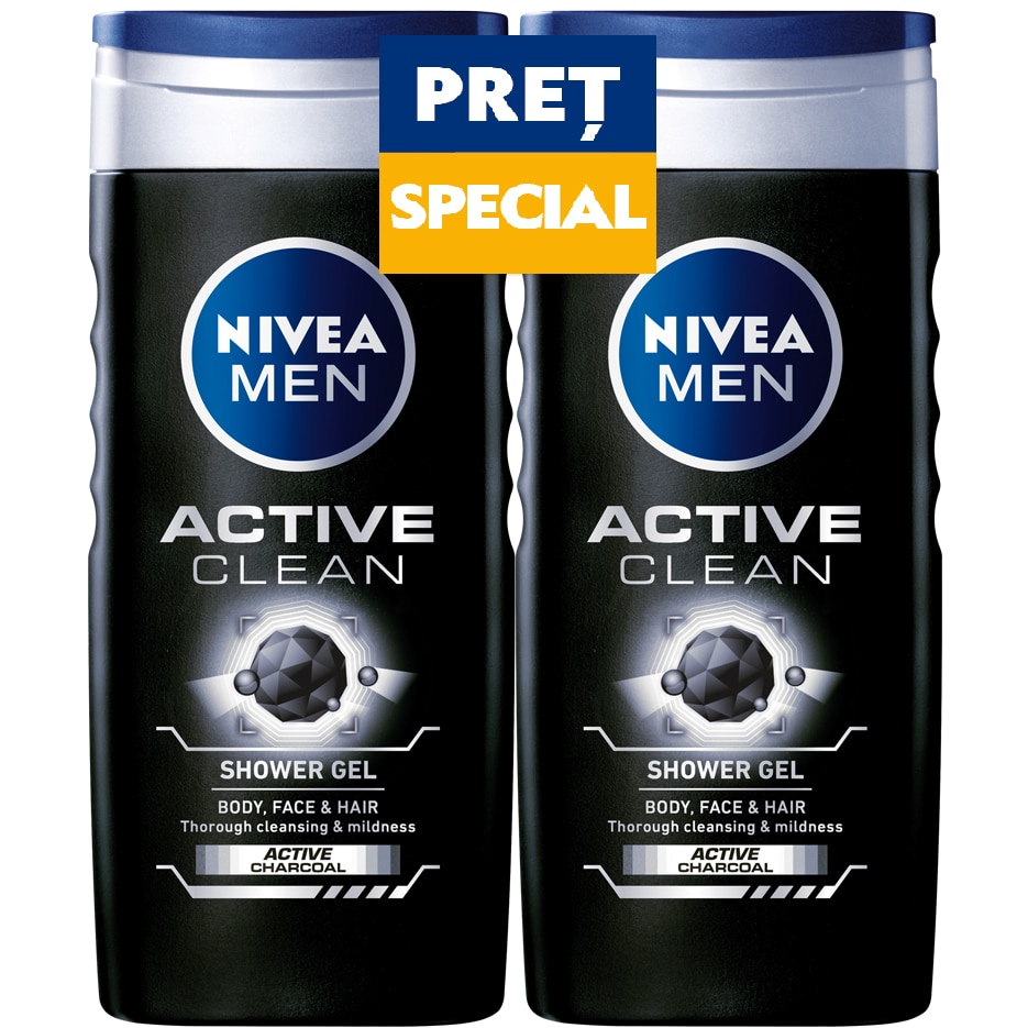 Pachet Nivea Men, 2 x Gel de dus Active Clean, 500 ml
