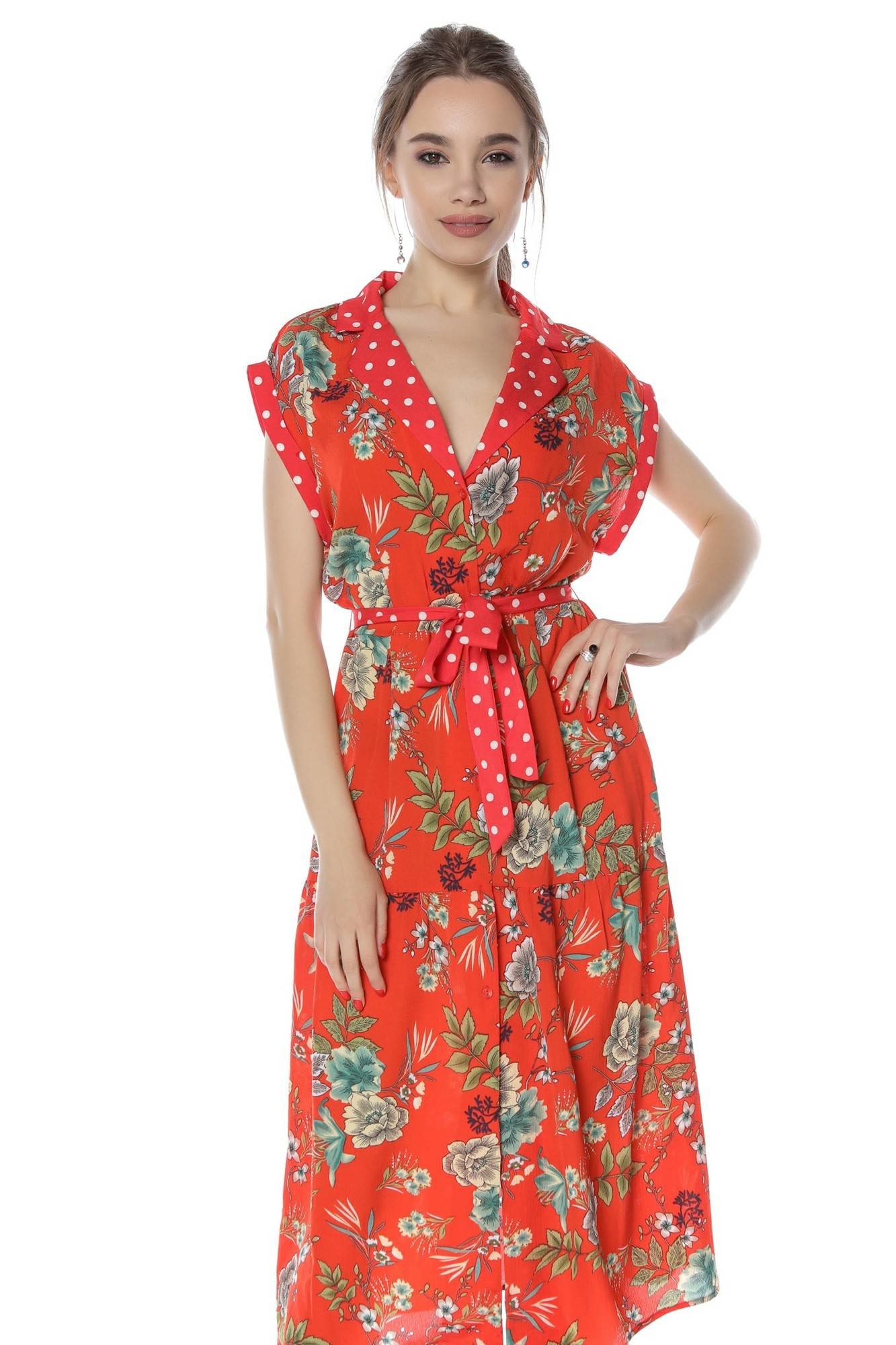 Rochie midi, rosie, cu imprimeu floral si buline, ROH