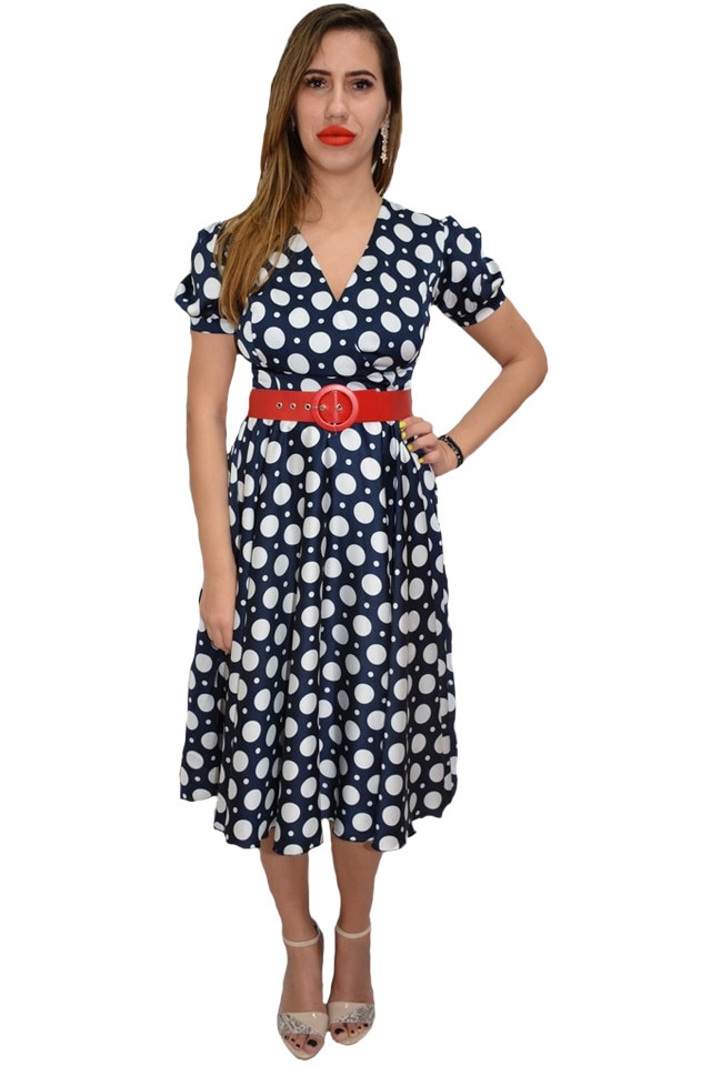 Rochie casual Frida,impimeu floral roz la bust,D&J Exclusive, Bleumarin-Alb
