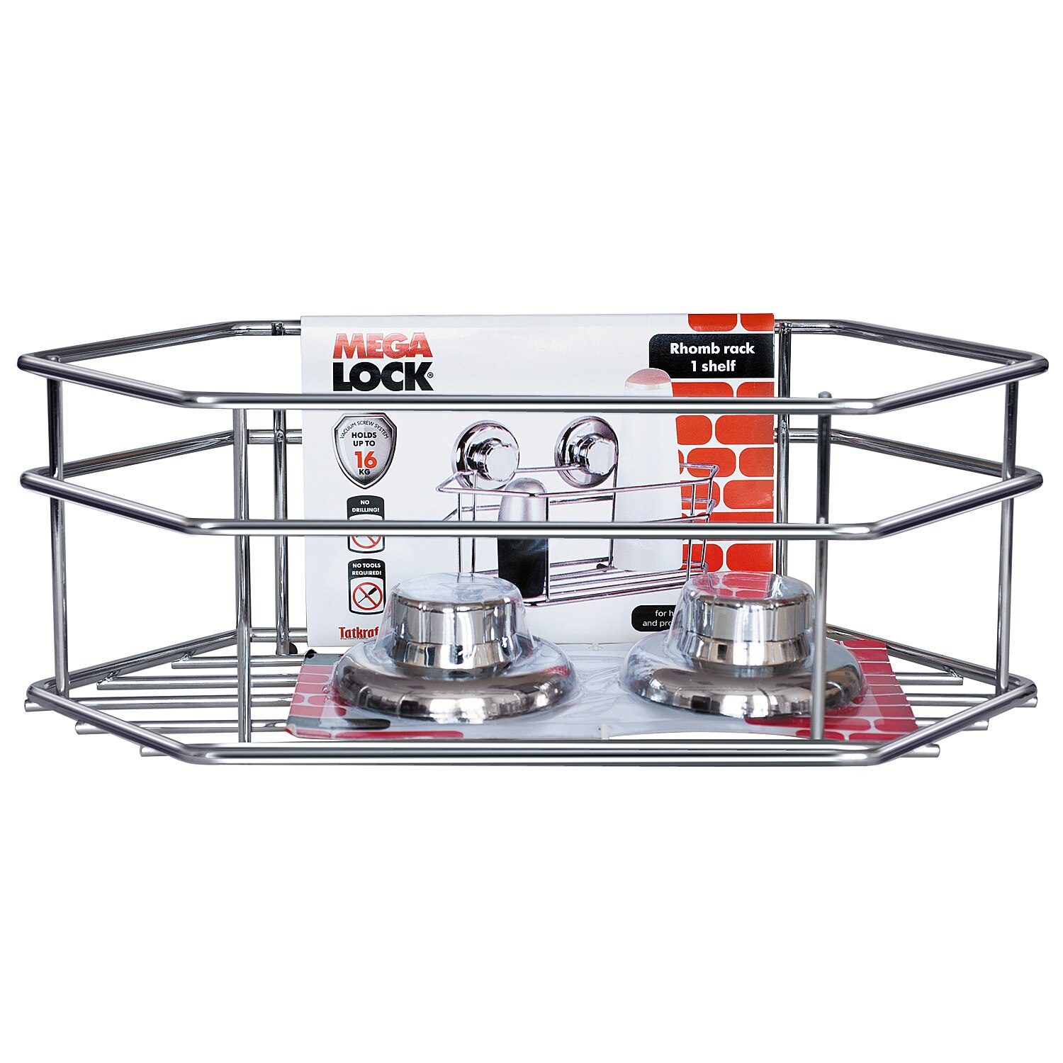 Etajera baie Rhomb Megalock, cu ventuza din otel cromat, Tatkraft, sustinere 16 kg